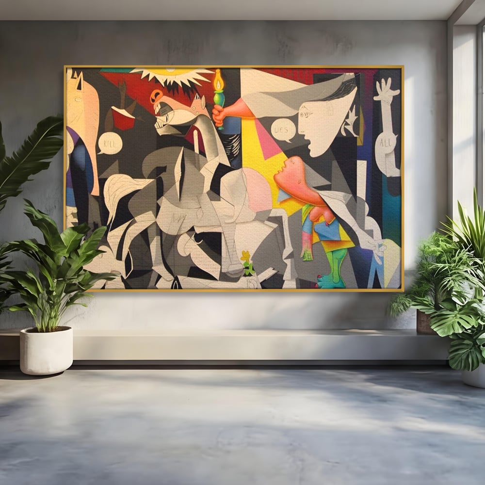 Tablou canvas cu tablou canvas cu reinterpretare dupa guernica, in rama de aluminiu auriu